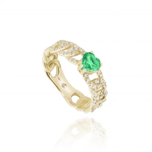 Anello Cuore Groumette con Smeraldo e Diamanti