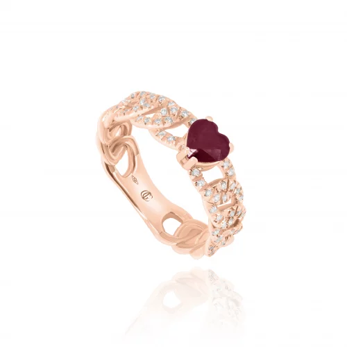 Anello Cuore Groumette con Rubino e Diamanti