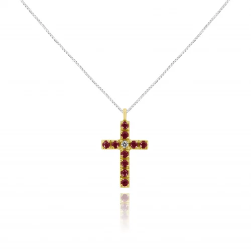 Pendente Croce con Rubini e Diamante