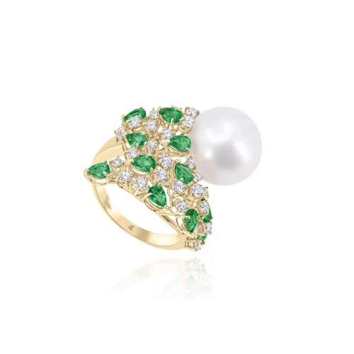 Anello con Perla Australiana, Smeraldi e Diamanti